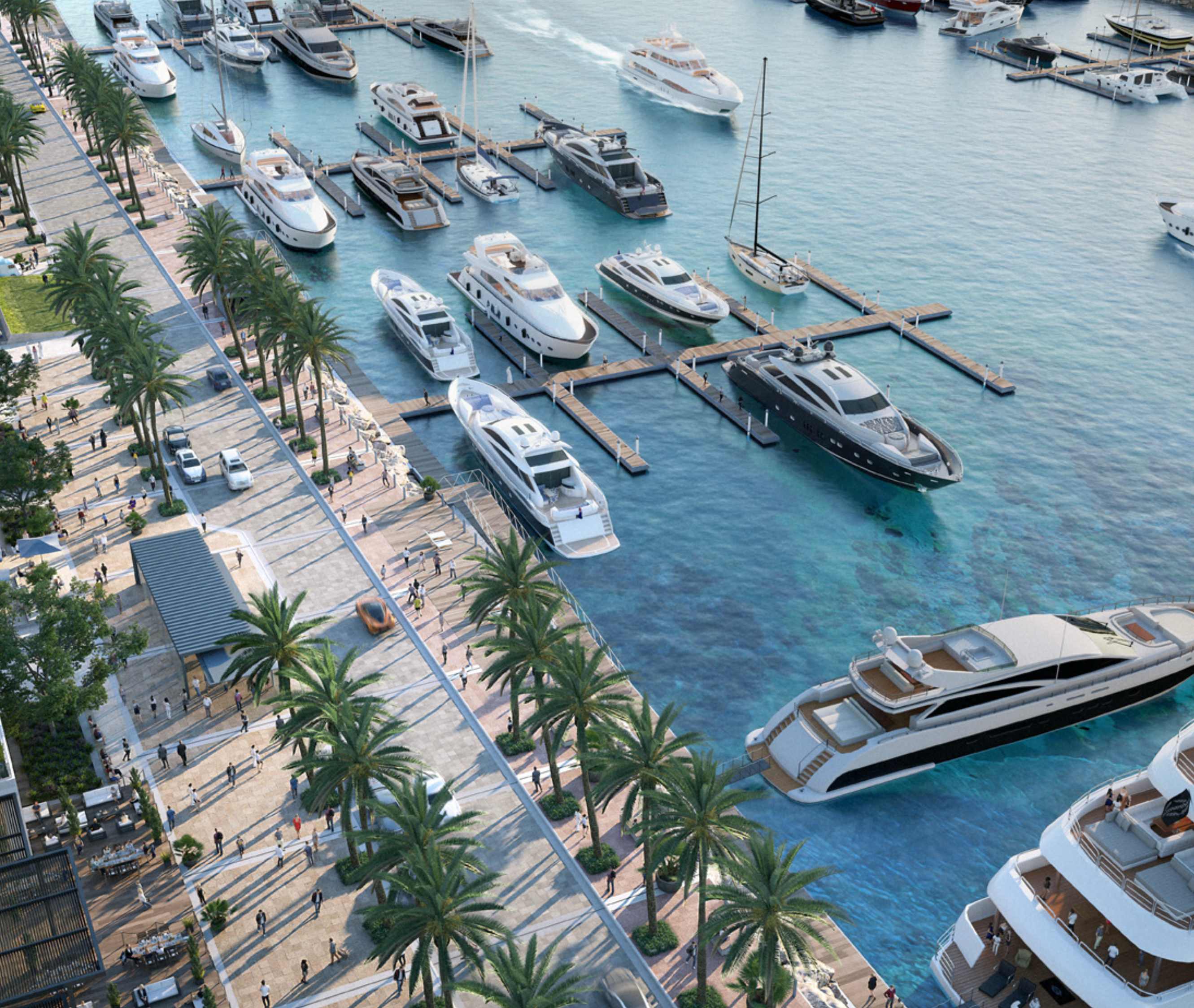 AUREA Marina aerial view showing luxury waterfront residences and yacht club facilities in Dubai